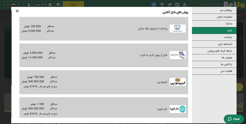 شارژ حساب کاربری در سایت بت فا